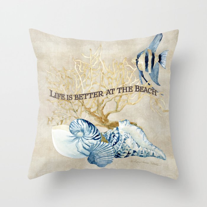 Indigo Ocean Sea Shells Angelfish Coral Watercolor Artwork Throw Pillow