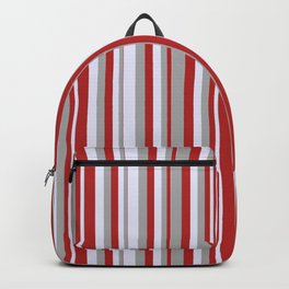 [ Thumbnail: Red, Dark Grey & Lavender Colored Lines Pattern Backpack ]