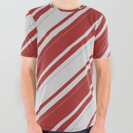 [ Thumbnail: Light Gray & Brown Colored Lines/Stripes Pattern All Over Graphic Tee ]