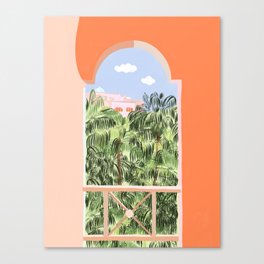Summer Travel, Tropical Nature Palm Trees, Modern Architecture Palace Illustration Painting Canvas Print