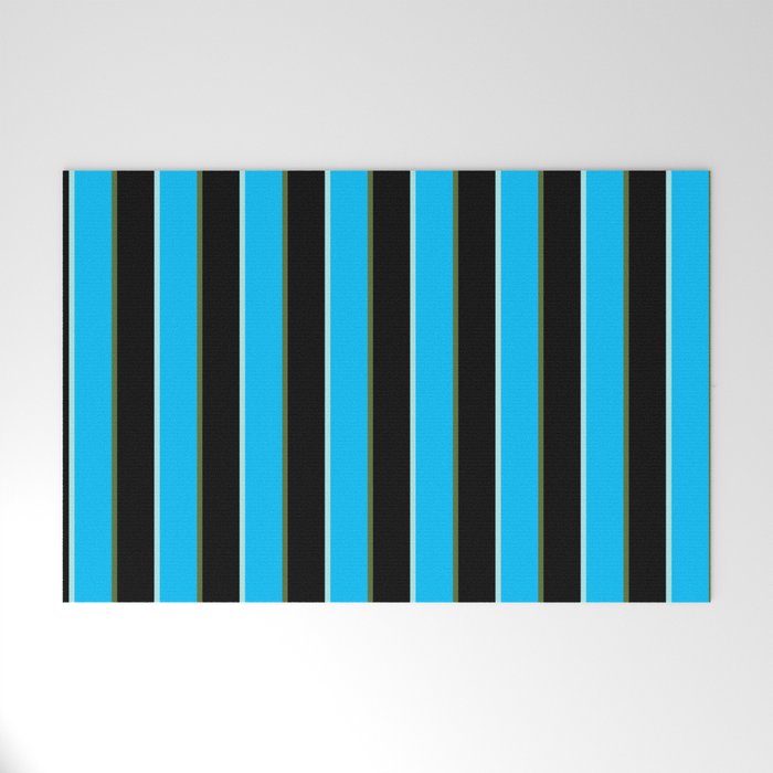 Turquoise, Deep Sky Blue, Dark Olive Green, and Black Colored Stripes/Lines Pattern Welcome Mat