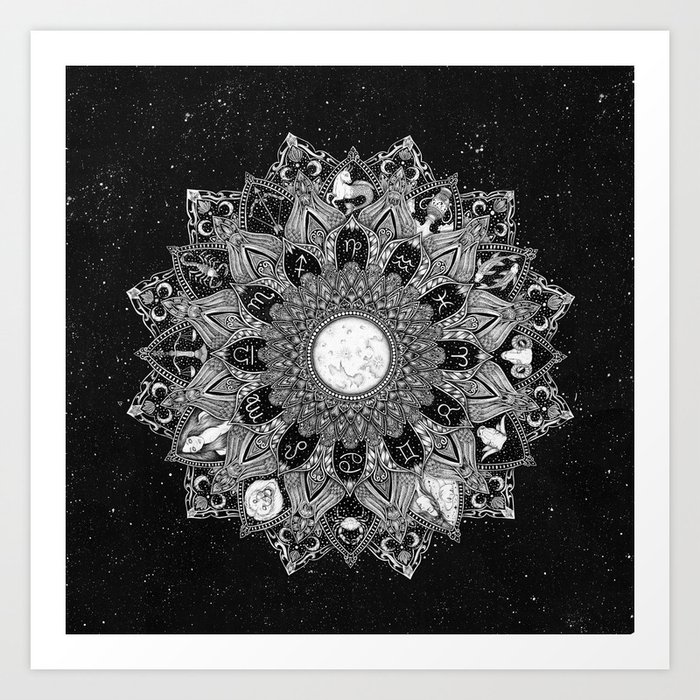 Zodiac Signs Mandala with Starry Background Art Print