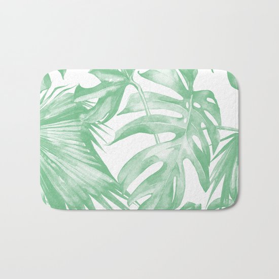 Tropics Palm Leaves Green on White Bath Mat