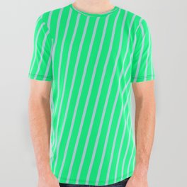 [ Thumbnail: Green & Powder Blue Colored Pattern of Stripes All Over Graphic Tee ]