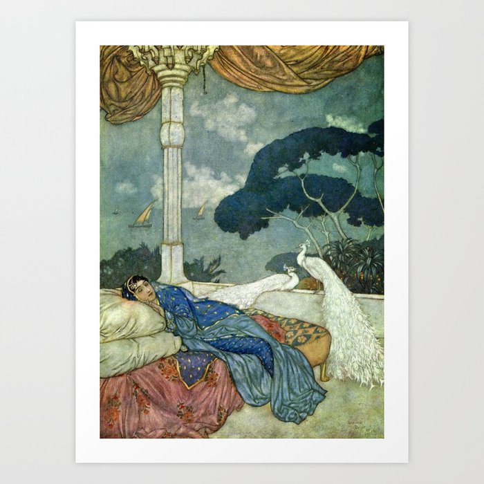 Princess Lady Yang at Midnight with white Peacocks portrait painting by Edmund Dulac Art Print
