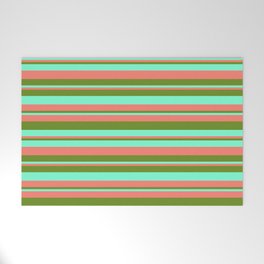 [ Thumbnail: Salmon, Green & Aquamarine Colored Stripes/Lines Pattern Welcome Mat ]
