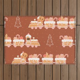 Christmas Wrapping Paper Design with Gingerman and Santa Express in Cartoon Style Seamless Pattern Outdoor Rug