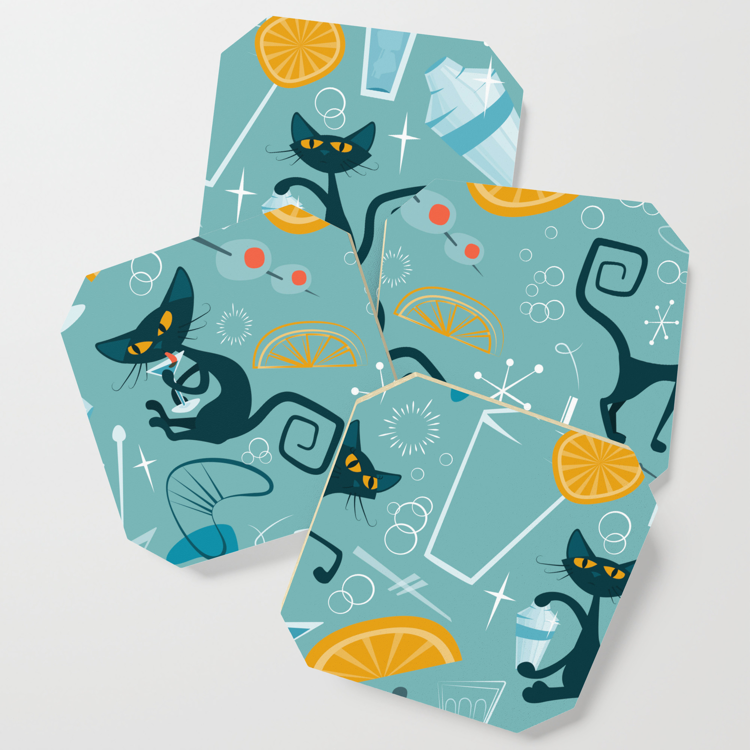 Mid Century Modern Atomic Style Cats And Cocktails Coaster By Flightlesskiwis Society6