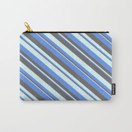 [ Thumbnail: Cornflower Blue, Dim Gray, and Light Cyan Colored Striped Pattern Carry-All Pouch ]