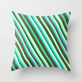[ Thumbnail: Eyecatching Aquamarine, Dark Turquoise, Brown, Green, and Mint Cream Colored Pattern of Stripes Throw Pillow ]