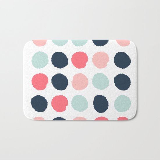 Dots painted coral mint navy pink pattern dotted polka dot minimalist Bath Mat