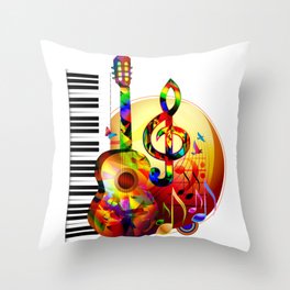 Colorful  music instruments painting, guitar, treble clef, piano, musical notes, flying birds Throw Pillow