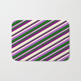 [ Thumbnail: Orchid, Dark Green, Purple, and Light Yellow Colored Stripes Pattern Bath Mat ]