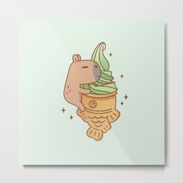 Capybara with Matcha Taiyaki Ice cream pattern in mint green  Metal Print | Summervibe, Japanesefishcake, Foodiegift, Icecreampattern, Dessert, Mintgreen, Drawing, Frozentreat, Sweet, Japanesefood 