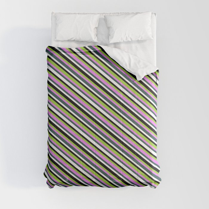Vibrant Green, Violet, Dark Slate Gray, White & Black Colored Lined Pattern Comforter