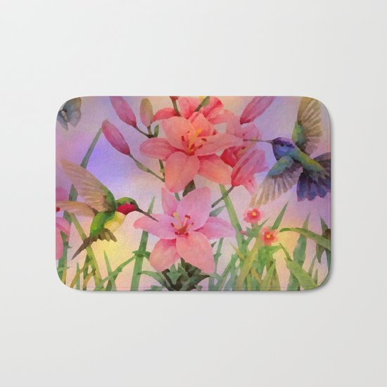Painterly Hummingbirds And Flowers Bath Mat