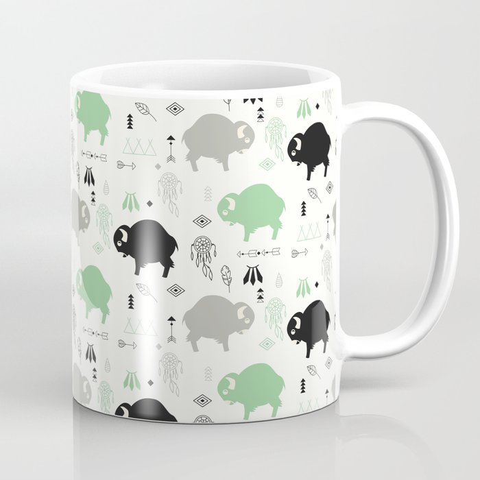 Seamless pattern with cute baby buffaloes and native American symbols, white Coffee Mug