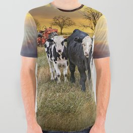 Cattle in the Midwest with Barn and Tractor at Sunset All Over Graphic Tee