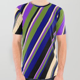 [ Thumbnail: Colorful Black, Beige, Purple, Green, and Blue Colored Pattern of Stripes All Over Graphic Tee ]