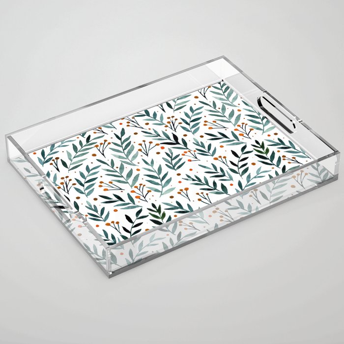 Festive watercolor branches - sage and orange Acrylic Tray