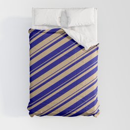 [ Thumbnail: Tan & Dark Blue Colored Stripes/Lines Pattern Comforter ]