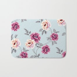 violet and yellow flowers with leaves pattern on blue background Bath Mat