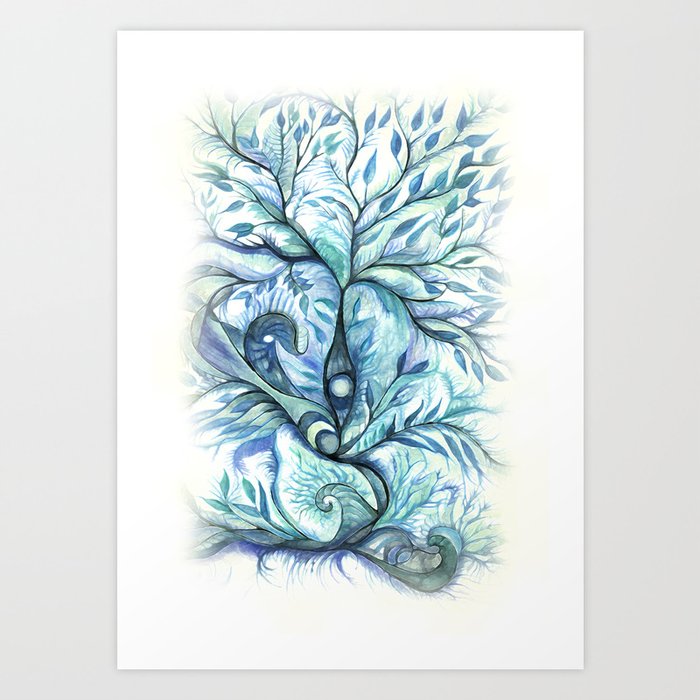 Tree of Life (blues) Art Print | Drawing, Digital, Colored-pencil, Other, Illustration, Abstract, Surrealism, Blue, Tree, Tree-of-life