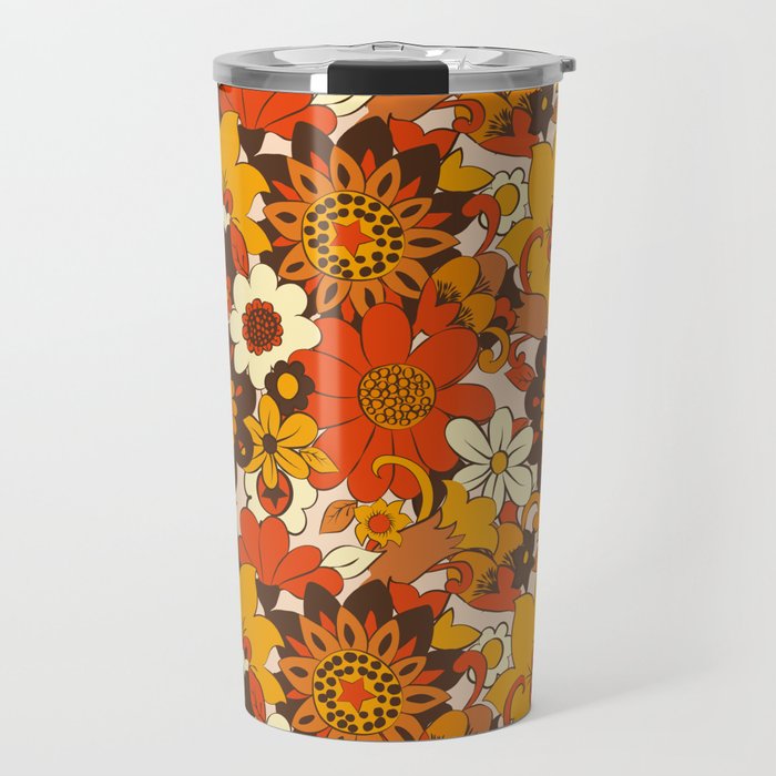 Retro 70s Flower Power, Floral, Orange Brown Yellow Psychedelic Pattern Travel Mug