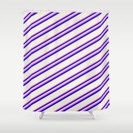 [ Thumbnail: Hot Pink, Blue, and Beige Colored Striped Pattern Shower Curtain ]