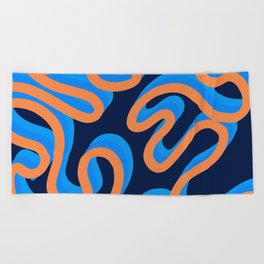 Enae - Blue and Orange Retro Ribbon Swirl Pattern on Dark Blue Beach Towel