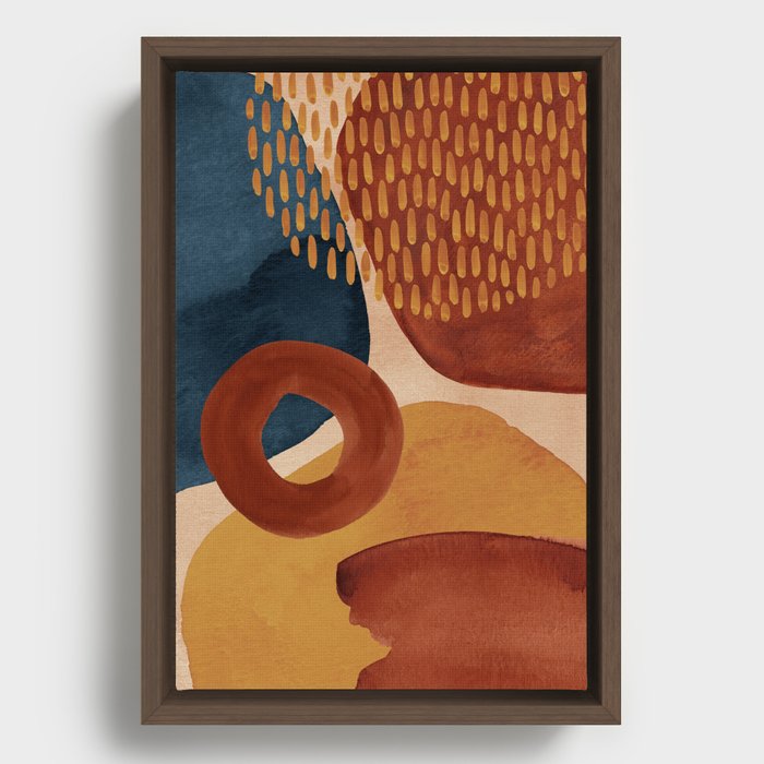 Abstract Shapes Terracotta Navy Blue Mustard Yellow Brushstrokes Watercolor Painting no.3 Framed Canvas