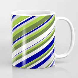 [ Thumbnail: Vibrant Green, Dark Olive Green, White, Dark Blue & Light Grey Colored Lines/Stripes Pattern Coffee Mug ]