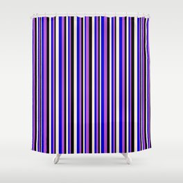 [ Thumbnail: Orchid, Blue, Beige & Black Colored Lines Pattern Shower Curtain ]