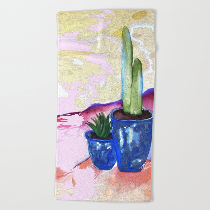 Cactus Watercolor Vibrant Palette Simple Painting Beach Towel By