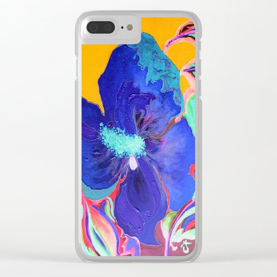 Birthday Acrylic Blue Orange Hibiscus Flower Painting with Red and Green Leaves Clear iPhone Case