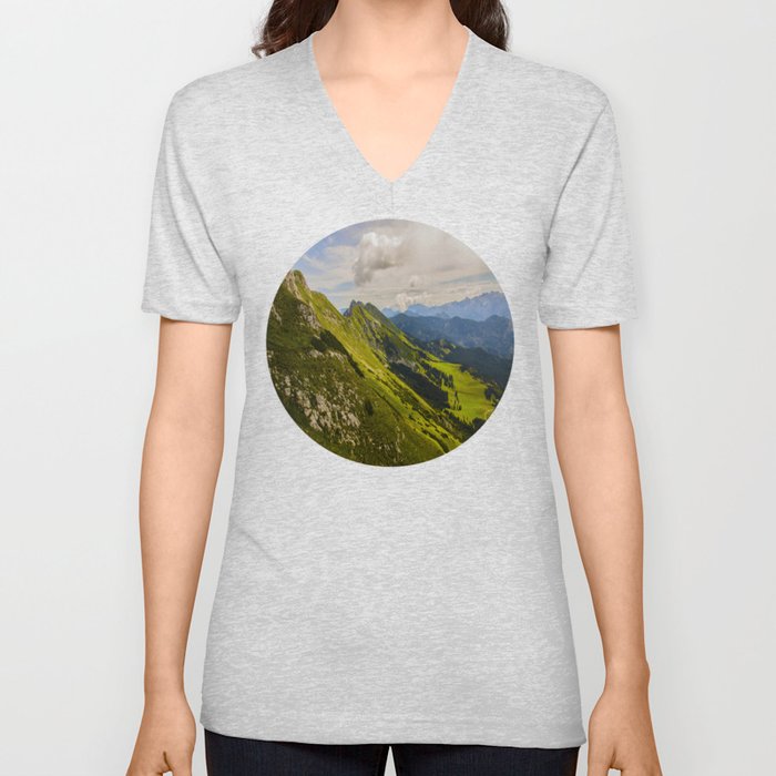 Green Musical Mountains Round Photo Frame V Neck T Shirt