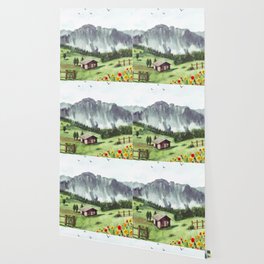 Green Nature Landscape With House And Mountain Watercolor Wallpaper