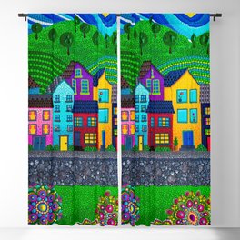 Dot Painting Colorful Village Houses, Hills, and Garden Blackout Curtain