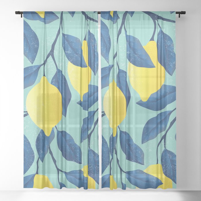 Vintage yellow lemon on the branches with leaves and blue sky hand drawn illustration pattern Sheer Curtain