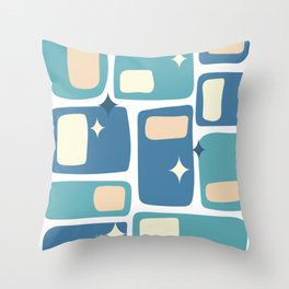 Mid Century Funky Squares and Stars in Celadon Blue, Teal, Light Yellow and Peach Throw Pillow