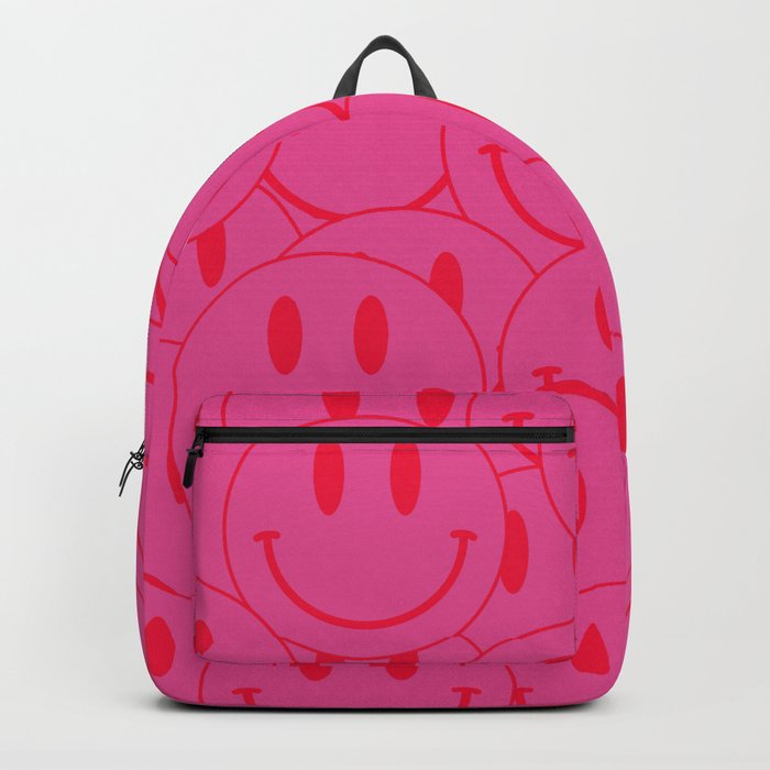 All Smiles -Large Pink and Red Smiley Face Mania - Preppy Aesthetic Backpack