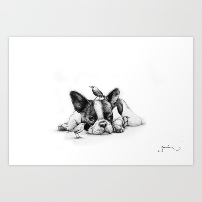 Frenchie and the Birds Art Print