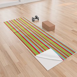 [ Thumbnail: Light Sky Blue, Red & Green Colored Lines/Stripes Pattern Yoga Towel ]