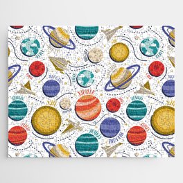 Paper space adventure I // white background multicoloured solar system paper cut planets origami paper spaceships and rockets Jigsaw Puzzle