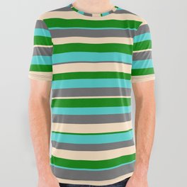 [ Thumbnail: Green, Turquoise, Dim Grey, and Bisque Colored Striped/Lined Pattern All Over Graphic Tee ]
