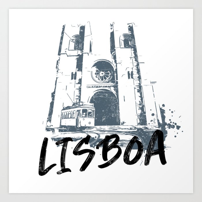 Lisbon cathedral with a tramway illustration on white Art Print