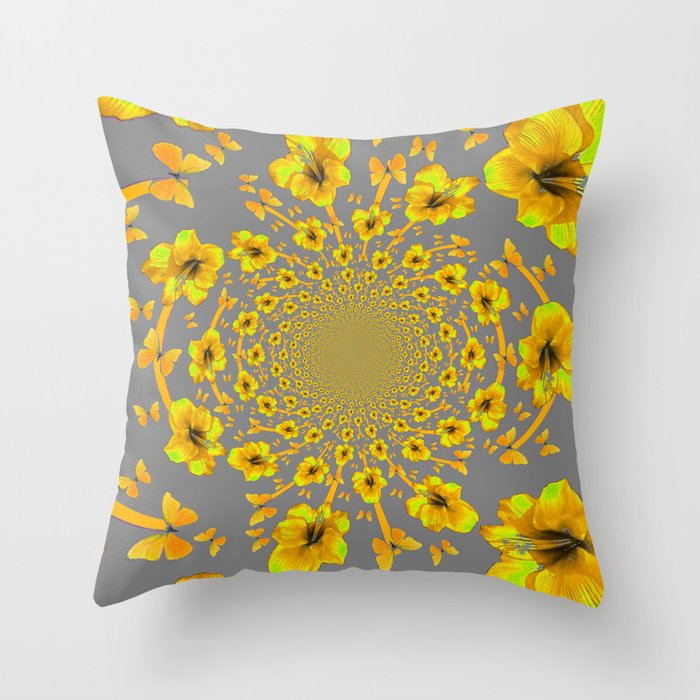 CHARCOAL GREY YELLOW AMARYLLIS BUTTERFLY ART Throw Pillow