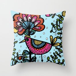 Weird and wonderful (Bird) - fun, bright flower and bird artwork Throw Pillow
