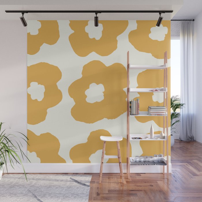 Large PopArt Retro Flowers in Yellow on Cream Background Wall Mural by