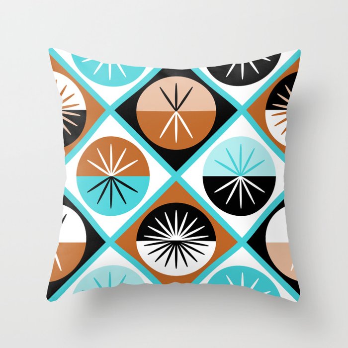 Mid Century Modern Retro Geometric Tribal Tile Pattern // Peach, Sky Blue, TerraCotta, Black, White Throw Pillow